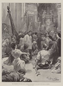 De pelgrimage van het Heilige Jaar, pelgrims bij het heiligdom van Onze-Lieve-Vrouw van de Rozenkrans in Pompeii door G.S. Amato