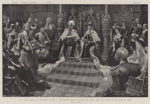 De staatsopening van het parlement, 16 januari, Zijne Majesteit de Koning leest zijn toespraak vanaf de troon in het Hogerhuis