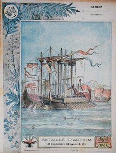 Omslag van schoolschrift met illustratie van de Slag bij Actium, 2 september 31 v.Chr.
