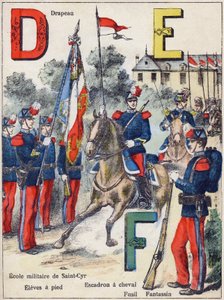 Letters D E F: Vlag, Militaire School van Saint-Cyr (Saint Cyr), Leerlingen te voet, Paardensquadron, Geweer en Infanterist, ca. 1900 (lithografie)