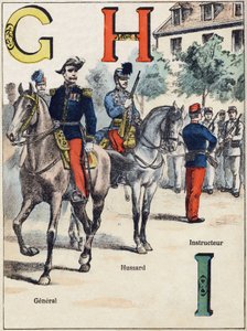 Letters G H I: Generaal, Huzaar en Instructeur. Gravure in 