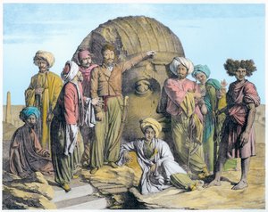 Archeoloog Bernardino Drovetti meet een kolossaal hoofd in de Egyptische woestijn door G Engelmann