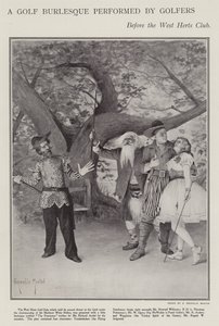 Een golfburlesque uitgevoerd door golfers tijdens het jaarlijkse diner van de West Herts Club (litho) door G. Grenville Manton