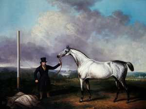 Heer die een grijs renpaard vasthoudt op een renbaan door G. Jackson