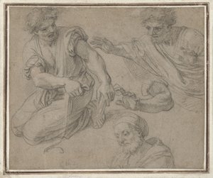 Studies van een knielende man, halffiguur, arm en buste door G. Ladan