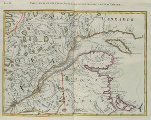 Oostelijk deel van Canada, noordelijk Nova Scotia en deel van Labrador, gravure door G. Zuliani uit Tome I van de "Nieuwste Atlas" gepubliceerd in Venetië in 1778 door Antonio Zatta, Privécollectie door G. Zuliani