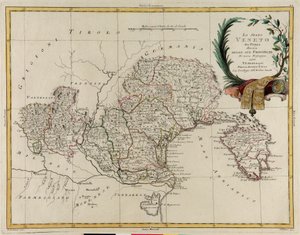 Landgebied van de staat Veneto, verdeeld in zijn provincies, gravure door G. Zuliani uit Tome II van de "Nieuwste Atlas" gepubliceerd in Venetië in 1782 door Antonio Zatta, privécollectie door G. Zuliani