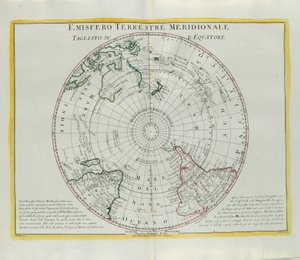 Zuidelijk halfrond van de aarde gesneden op de evenaar, gravure door G. Zuliani uit Tome I van de Nieuwste Atlas gepubliceerd in Venetië in 1779 door Antonio Zatta door G. Zuliani