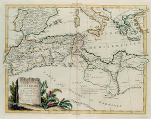 De Barbarijse Kust of de Koninkrijken Marokko, Fez, Algerije, Tunesië en Tripoli met omliggende landen, gravure door G. Zuliani uit Tome IV van de "Nieuwste Atlas" gepubliceerd in Venetië in 1784 door Antonio Zatta, Privécollectie door G. Zuliani