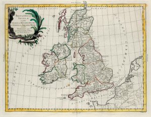 De Britse Eilanden waarin Albion of Groot-Brittannië en Ivernia of Klein-Brittannië, gravure door G. Zuliani uit Tome I van de Nieuwste Atlas gepubliceerd in Venetië in 1785 door Antonio Zatta door G. Zuliani