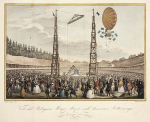 Vlucht van de Bolognese Muzio Muzzi (1809-46) in het Luchtschip Retirremiga, 1838 door G. after Meloni