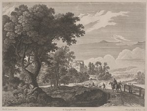 Landschap met reizigers die een brug oversteken