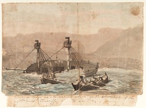 De expeditiebrik zoals ze verscheen, vergaan op het westelijke punt van het eiland Sta Cruiz Tenerife, december 1774 door Gabriel Bray