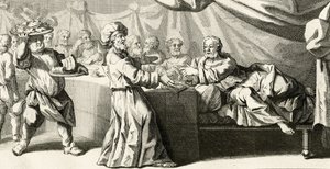 Jezus uitgenodigd voor het diner bij de Farizeeër, illustratie uit het Evangelie van Sint Lucas, hoofdstuk 11:37, 1728 door Gabriel Francois Louis Debrie