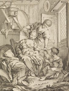 Plaat 1: Jonge Vrouw die haar Baby Voedt, uit Premier Livre de Sujets et Pastorales Fi..., 1720-72 door Gabriel Huquier
