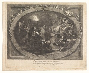 Voltaire aangekomen in de hel door Gabriel Jacques de Saint Aubin (school of)