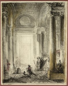 De Ingang van de Academie voor Architectuur in het Louvre door Gabriel Jacques de Saint Aubin