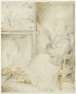 Vrouw zittend met een kat op haar knieën door Gabriel Jacques de Saint Aubin