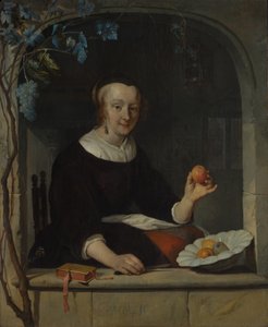 Een vrouw zittend bij een raam, begin 1660s