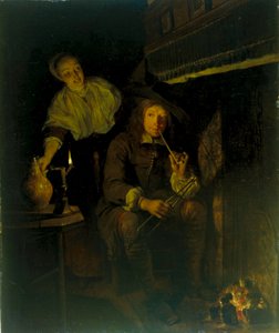 Duits: Der Raucher am Kamin De roker bij het haardvuur door Gabriel Metsu