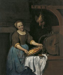 Keukenmeid bereidt vis door Gabriel Metsu