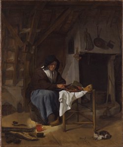 Oude vrouw bij haar maaltijd in een interieur door Gabriel Metsu