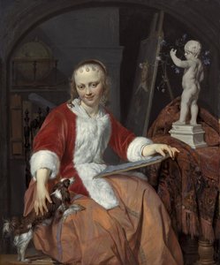Portret van Isabella de Wolff (....-1718) als kunstenares door Gabriel Metsu