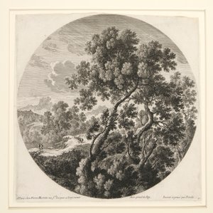 Landschap met twee reizigers en een kasteel; en herder, schapen en vee in een landschap, uit een set van zes landschappen door Gabriel Perelle