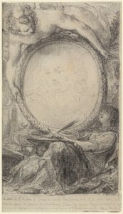 Allegorische lijst met een schrijvende genie en een gesluierde vrouw, ca. 1769 (zwart krijt op papier) door Gabriel de Saint-Aubin