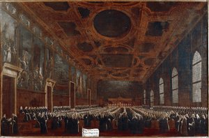 Eerste audiëntie van de Doge van Venetië voor de Grote Raad door Gabriele Bella