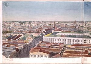 Panorama van Moskou, met het voormalige marktplein en de Beurs in Gostiny Dvor, 1819