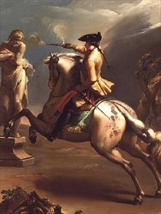 Een allegorie: een jonge ruiter die een pistool afvuurt op een standbeeld van een oude man