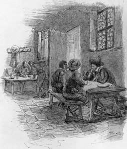 Renzo, Tonio en Gervase in de herberg, Hoofdstuk VII, illustratie door Gaetano Previati (1852-1920) voor Verloofden, historische roman door Alessandro Manzoni (1785-1873)
