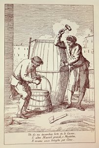 Kuipers aan het werk, Gravure uit De kunsten van het dagelijks leven in de stad Venetië, Italië door Gaetano Zompini