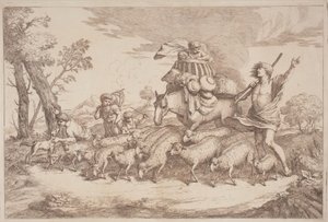 Een pastorale reis met een kind in een mand te paard door Gaetano Zompini, after Giovanni Benedetto Castiglione