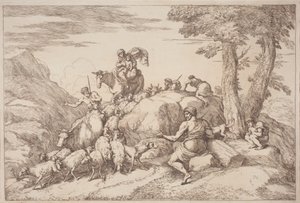 Een Pastorale Reis met een Moeder en Kind te Paard en een Oudere Herder Zittend