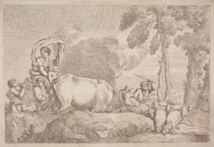 Een vrouw met twee kinderen te paard door Gaetano Zompini, after Giovanni Benedetto Castiglione