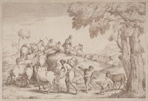 Een oudere herder van achteren gezien door Gaetano Zompini, after Giovanni Benedetto Castiglione