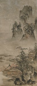 Landschap: bergen, stroom en huizen, Muromachi-periode, begin 16e eeuw door Gakuo Zokyu