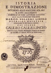 Titelpagina van Geschiedenis en demonstraties over zonnevlekken en hun eigenschappen door Galileo Galilei