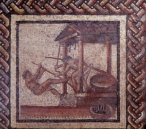Gallisch-Romeinse kunst: mozaïekvloer die een rustieke kalender voorstelt. Een olijfpers. Eind 2e, begin 3e eeuw na Christus. Uit Saint-Romain-en-Gal (Rhone). Saint Germain en Laye, Nationaal Museum voor Archeologie