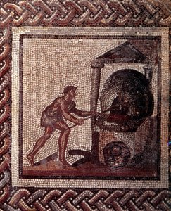 Gallo-Romeinse kunst: mozaïekbestrating die een rustieke kalender voorstelt. Brood bakken scène. Eind 2e, begin 3e eeuw na Christus. Uit Saint-Romain-en-Gal (Rhone). Saint Germain en Laye, Nationaal Archeologisch Museum door Gallo Roman