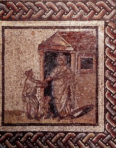 Gallo-Romeinse kunst: mozaïekvloer die een rustieke kalender voorstelt. Feestscène. Eind 2e, begin 3e eeuw na Chr. Uit Saint-Romain-en-Gal (Rhone). Saint Germain en Laye, Nationaal Archeologisch Museum