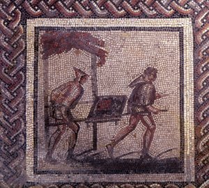 Gallo-Romeinse kunst: mozaïekbestrating die een rustieke kalender voorstelt. Mest transport scène. Eind 2e, begin 3e eeuw na Christus. Uit Saint-Romain-en-Gal (Saint Romain en Gal, Rhone). Saint Germain en Laye, Nationaal Archeologisch Museum door Gallo Roman