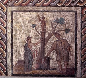 Gallo-Romeinse kunst: mozaïekvloer die een rustieke kalender voorstelt. Offerscène aan Ceres en Apollo. Eind 2e, begin 3e eeuw na Chr. Uit Saint-Romain-en-Gal (Rhône). Saint Germain en Laye, Nationaal Archeologisch Museum door Gallo Roman