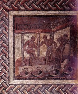Gallo-Romeinse kunst: mozaïekvloer die een rustieke kalender voorstelt. Scène van druiven stampen in een vat. Eind 2e, begin 3e eeuw na Chr. Uit Saint-Romain-en-Gal (Rhone). Saint Germain en Laye, Nationaal Archeologisch Museum