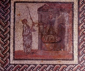 Gallo-Romeinse kunst: mozaïekvloer die een rustieke kalender voorstelt. Het werk met het maalwiel. Eind 2e, begin 3e eeuw na Chr. Uit Saint-Romain-en-Gal (Rhone). Saint Germain en Laye, Nationaal Archeologisch Museum door Gallo Roman