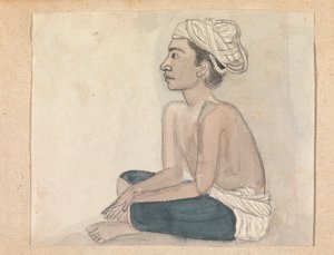 Man met een blauwe doek over zijn benen door Gangaram Chintaman Tambat