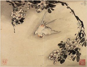 Vingerverfschildering van bloemen en vogels uit een album van tien bladen door Gao Qipei