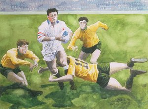 Rugbywedstrijd: Engeland tegen Australië in de Wereldbekerfinale, 1991, Will Carling wordt getackeld
